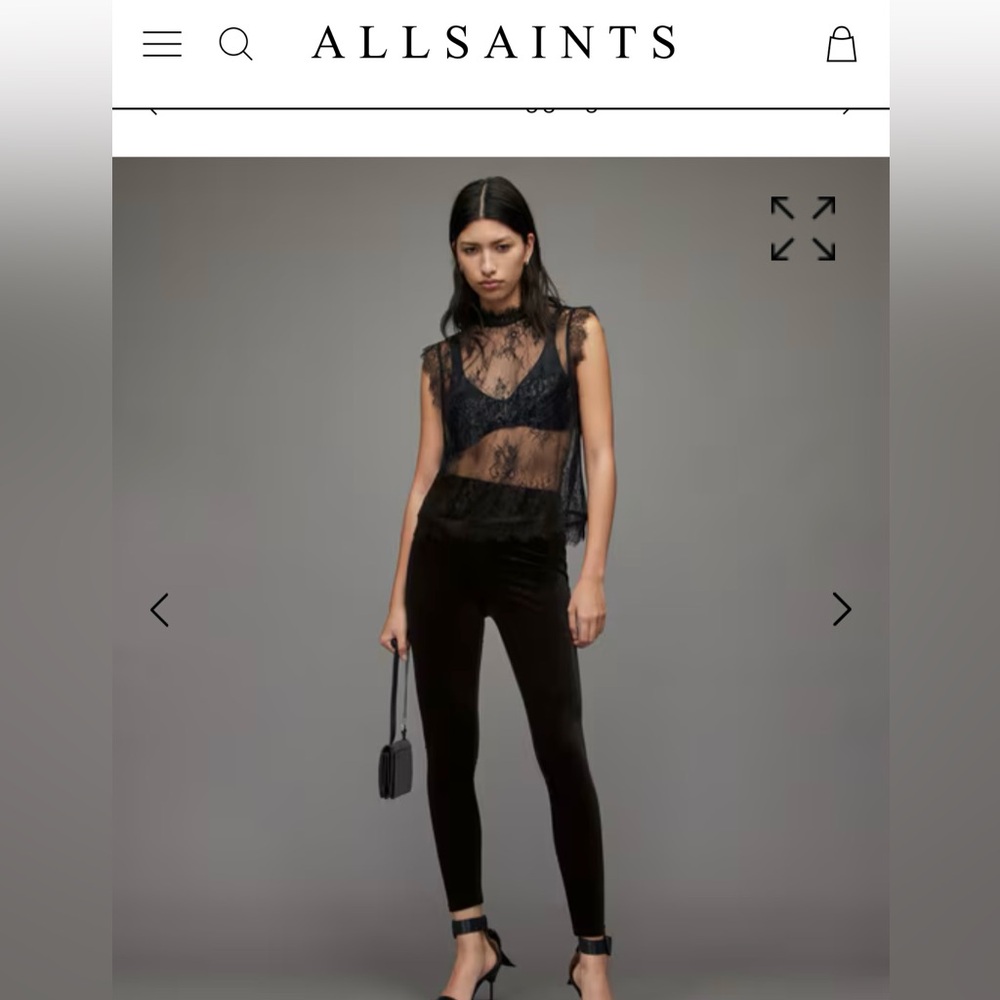 AllSaints Black velvet leggings.